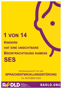 Das Bild zeigt eins der SES-Poster. Es ist die Strichzeichnung eines Kindes in violetter Farbe und der Schriftzug 1 von 14 Kindern hat eine Beeinträchtigung namens SES